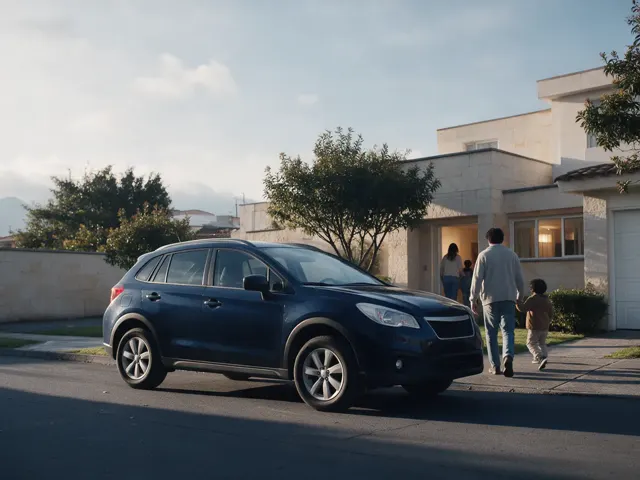 Una familia entra a su casa al final de la tarde.