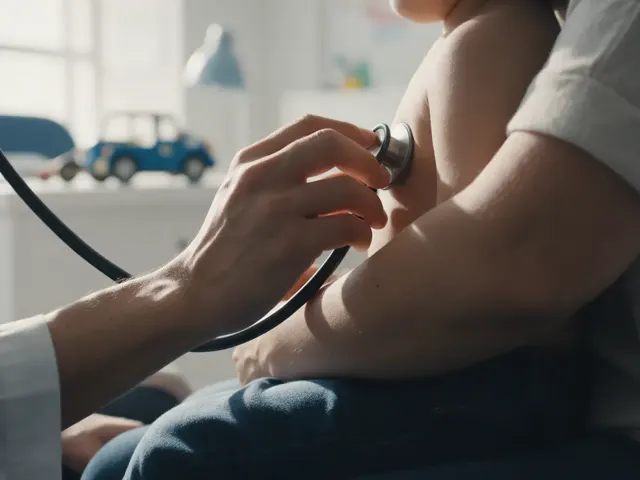 Una doctora ausculta a un niño en brazos de su madre.