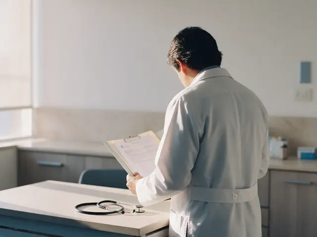 Un médico revisa documentos en su consultorio.
